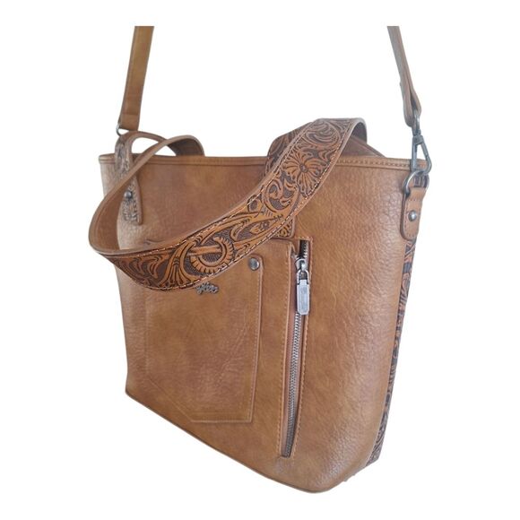 Wrangler Concealed Carry Tote Hair-on Cowhide Fringe Tooled Crossbody Bag Purse - Picture 9 of 16